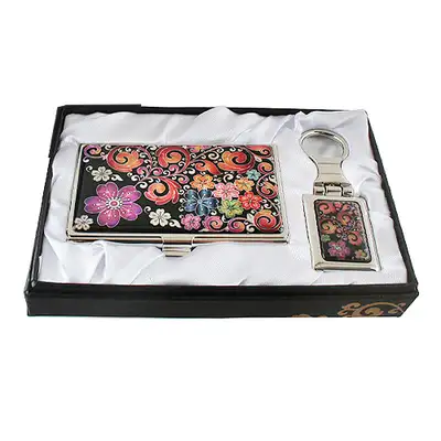 Mother-of-Pearl Business Card Case with 2 Key Rings - Scrolling Plum Blossom