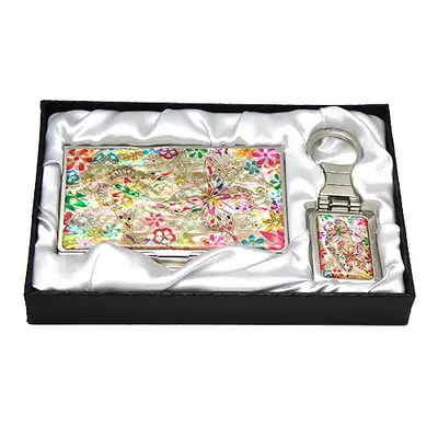 Mother-of-Pearl Business Card Case Keychain 2 Types Flower Butterfly 1 White