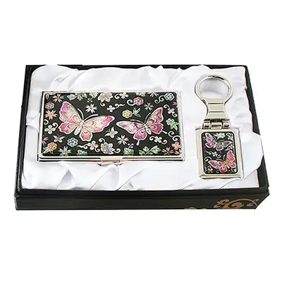 Mother-of-Pearl Business Card Case with 2 Key Rings - Flower Butterfly 2