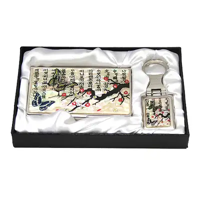 Mother-of-Pearl Business Card Case with Key Charms - Plum Blossom & Butterfly 1 White