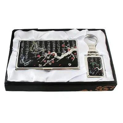 Mother-of-Pearl Business Card Case with 2 Keys and Plum Butterfly 1 Black