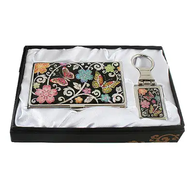 Mother-of-Pearl Business Card Case and Key Ring Set 2-Piece - Plum Blossom Butterfly 2