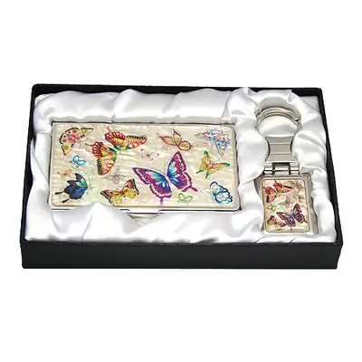 Mother-of-Pearl Business Card Case with 2 Keys - Colored Butterfly White