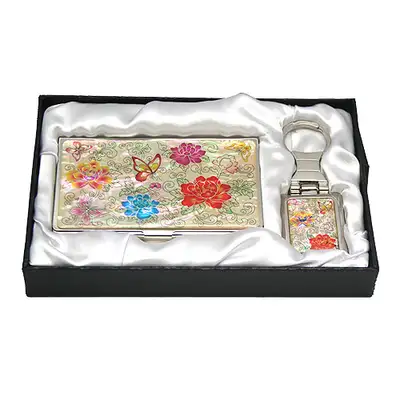 Mother-of-Pearl Business Card Case & Keyring Set 2-Piece Peony Butterfly White