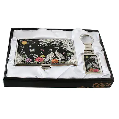 Abalone Business Card Case & Keyring Set - Peony and Crane Design
