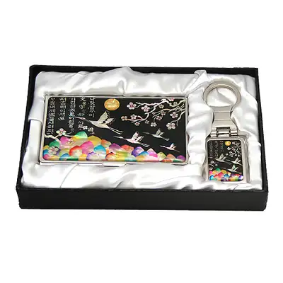 Mother-of-Pearl Business Card Case 2-Piece Set with Plum Blossom and Crane Black