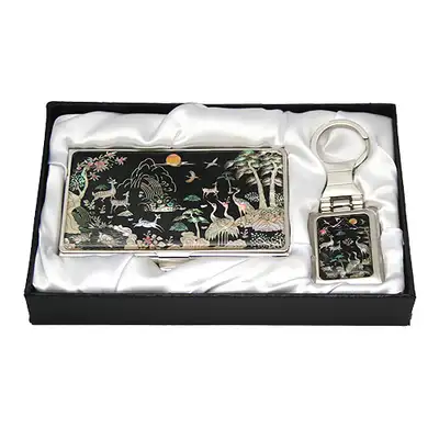 Mother-of-Pearl Business Card Case with 2 Key Rings - Ten Symbols of Longevity Design