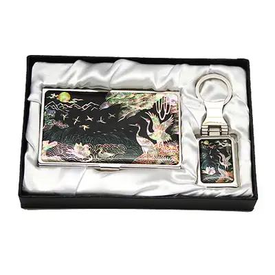 Mother-of-Pearl Business Card Case & Key Holder Set - Mandarin Ducks and Cranes