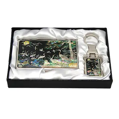 Mother-of-Pearl Business Card Case with 2 Keys - Turtle and Crane