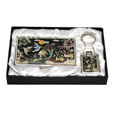 Mother-of-Pearl Business Card Case and Keyring Set (2-piece) - Ten Longevity Pine and Crane