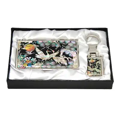Shell Inlay Business Card Case Keychain Set (2 Types) - Court Cranes Design 1