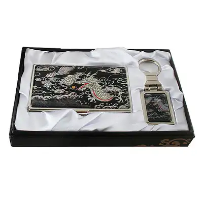 Mother-of-Pearl Business Card Case and Keyring Set - Dragon Design
