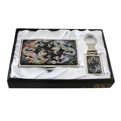 Mother-of-Pearl Business Card Holder Keychain Set of 2 - Double Dragon