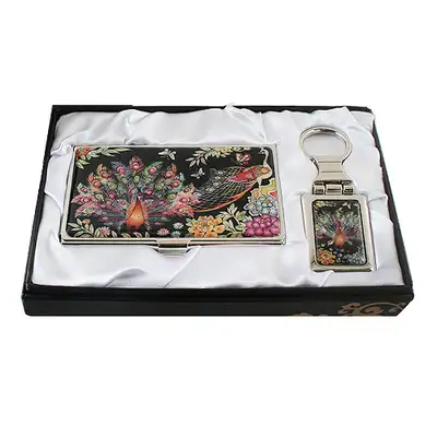 Mother-of-Pearl Business Card Case & Keyring Set - Peacock (2-Piece)