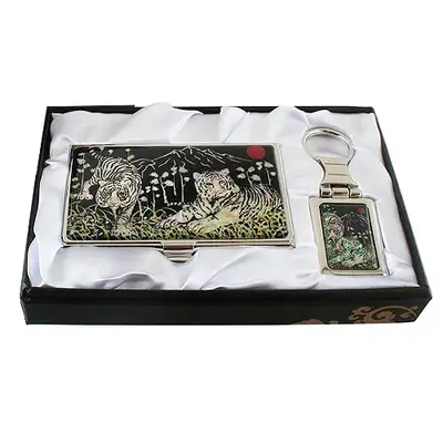 Abalone Business Card Case with Key Ring - White Tiger Design