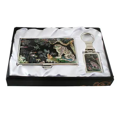 Mother-of-Pearl Business Card Case Keychain Set of 2 - Magpie and Tiger