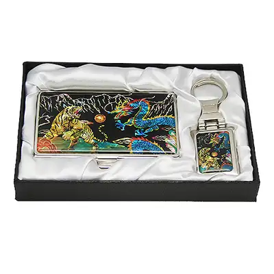 Mother-of-Pearl Business Card Case Keychain Set - Dragon and Tiger