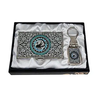 Abalone Business Card Holder Keychain Set of 2 with Three-Legged Crow 1