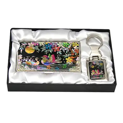 Mother-of-Pearl Business Card Case with 2 Key Charms - Mandarin Ducks