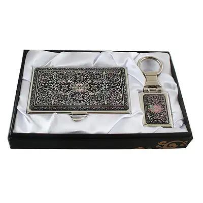 Mother-of-Pearl Business Card Case and Key Set (2 pcs) - Traditional Vine Pattern