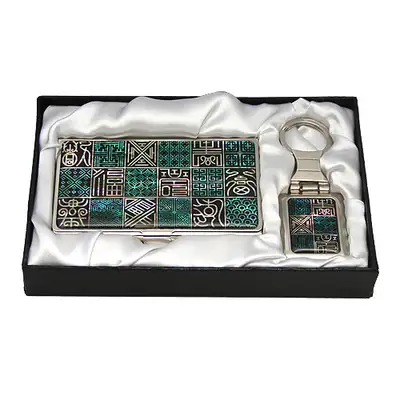 Mother-of-Pearl Business Card Case and Key Ring 2-Piece Set with Window Lattice Pattern