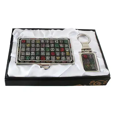 Mother-of-Pearl Business Card Case and Key Set - Chinese Characters and Cranes Design