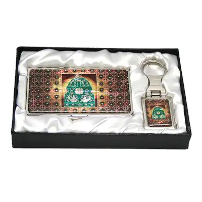 Mother-of-Pearl Business Card Case and Keychain Set with Seon Deok Queen Bell Design
