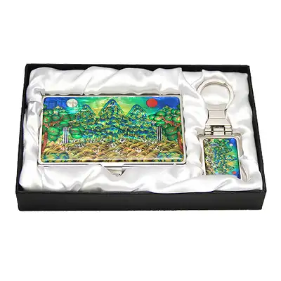 Mother-of-Pearl Business Card Case with 2 Key Designs - Sun and Moon Pattern