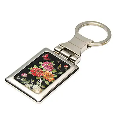 Mother-of-Pearl Square Keyring with Peony Flower