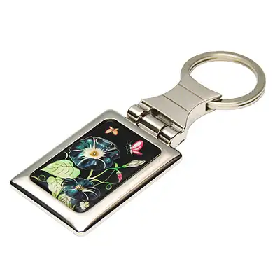 Mother-of-Pearl Square Keyring with Morning Glory