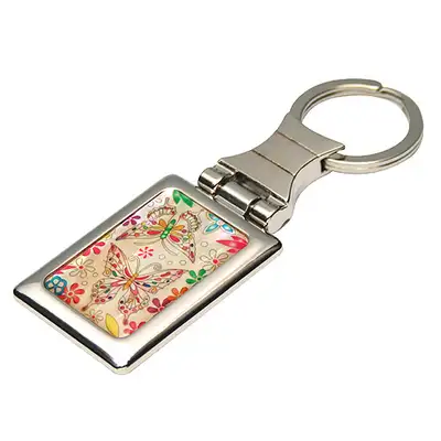 Mother-of-Pearl Square Keyring - Flower Butterfly 1 White
