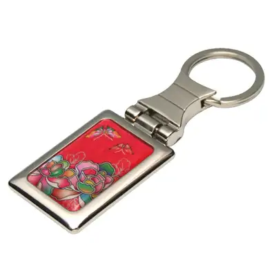 Mother-of-Pearl Square Keyring with Red Plum Blossom Design
