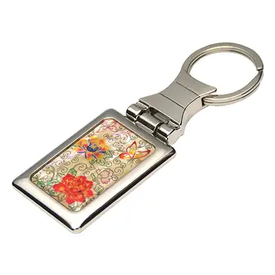 Mother-of-Pearl Square Keyring Peony Butterfly White