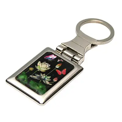 Mother-of-Pearl Square Keyring - Lotus and Butterfly