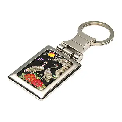Mother-of-Pearl Square Keyring Peony and Crane