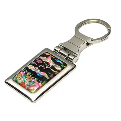 Mother-of-Pearl Square Keyring with Rank Badge Crane Design - Black