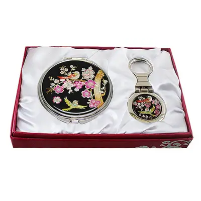 Mother-of-Pearl Mirror & Key Ring Set with Plum Blossom Pattern