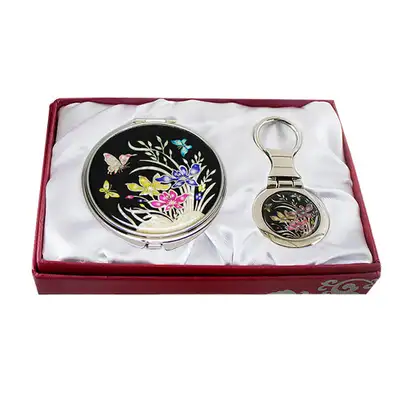 Mother-of-Pearl Mirror and Key Ring 2-Piece Set - Orchid Flower Design