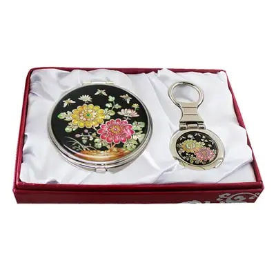 Mother-of-Pearl Mirror and Keyring 2-Piece Set - Chrysanthemum