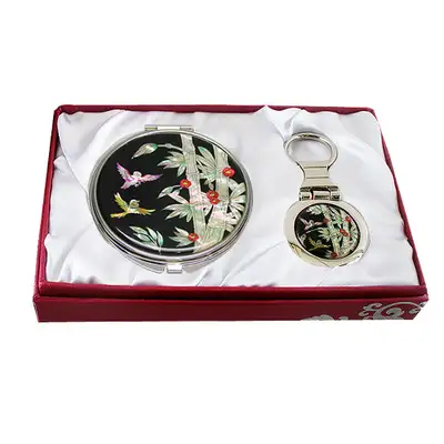 Mother-of-Pearl Mirror and Keyring Set with Bamboo Pattern