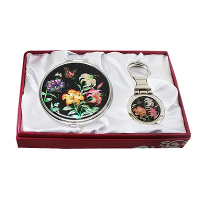 Abalone Shell Mirror & Key Ring 2-Piece Set Lily Flower Black