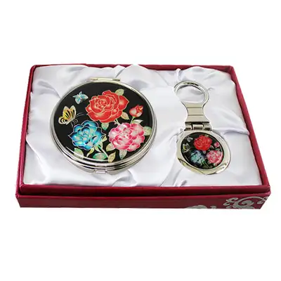 Mother-of-Pearl Mirror and Keyring 2-Piece Set - Rose Flower