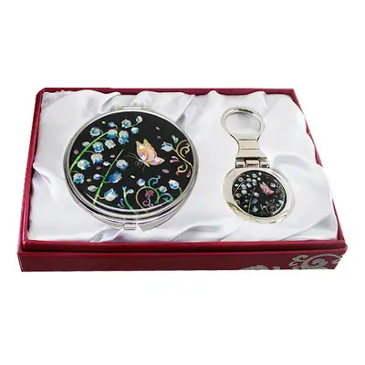 Mother-of-Pearl Mirror and Key Ring 2-Piece Set - Bell Flower