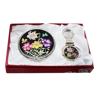 Mother-of-Pearl Mirror & Keyring Set 2-Piece Lily Black