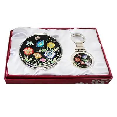 Mother-of-Pearl Mirror and Keyring 2-Piece Set Peony Black