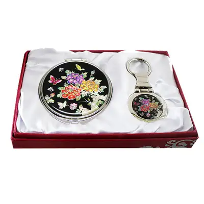 Mother-of-Pearl Mirror and Keyring Set - Peony Flower