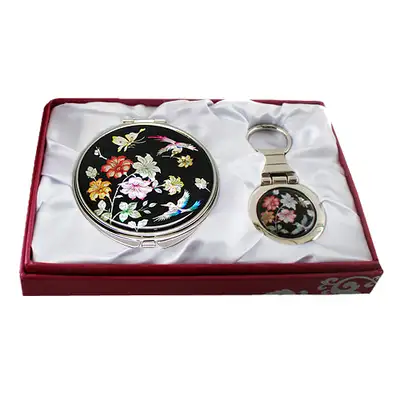 Mother-of-Pearl Mirror and Keyring Set, 2 Pieces - Cherry Blossom Black