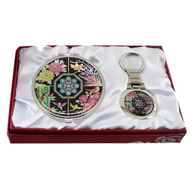 Mother-of-Pearl Mirror & Keyring Set - Four Gentlemen Motif