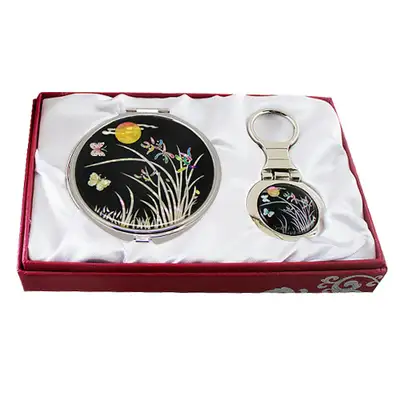 Mother-of-Pearl Mirror & Key Ring 2-Piece Set - Orchid Black