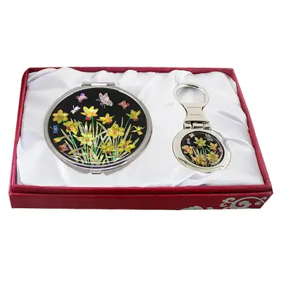 Mother-of-Pearl Mirror and Key Ring Set - Daffodil